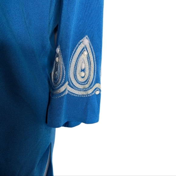 Ming Wang Beaded Embroidered Tunic Top 3/4 Sleeves Light Blue & White Size Large - Picture 9 of 9